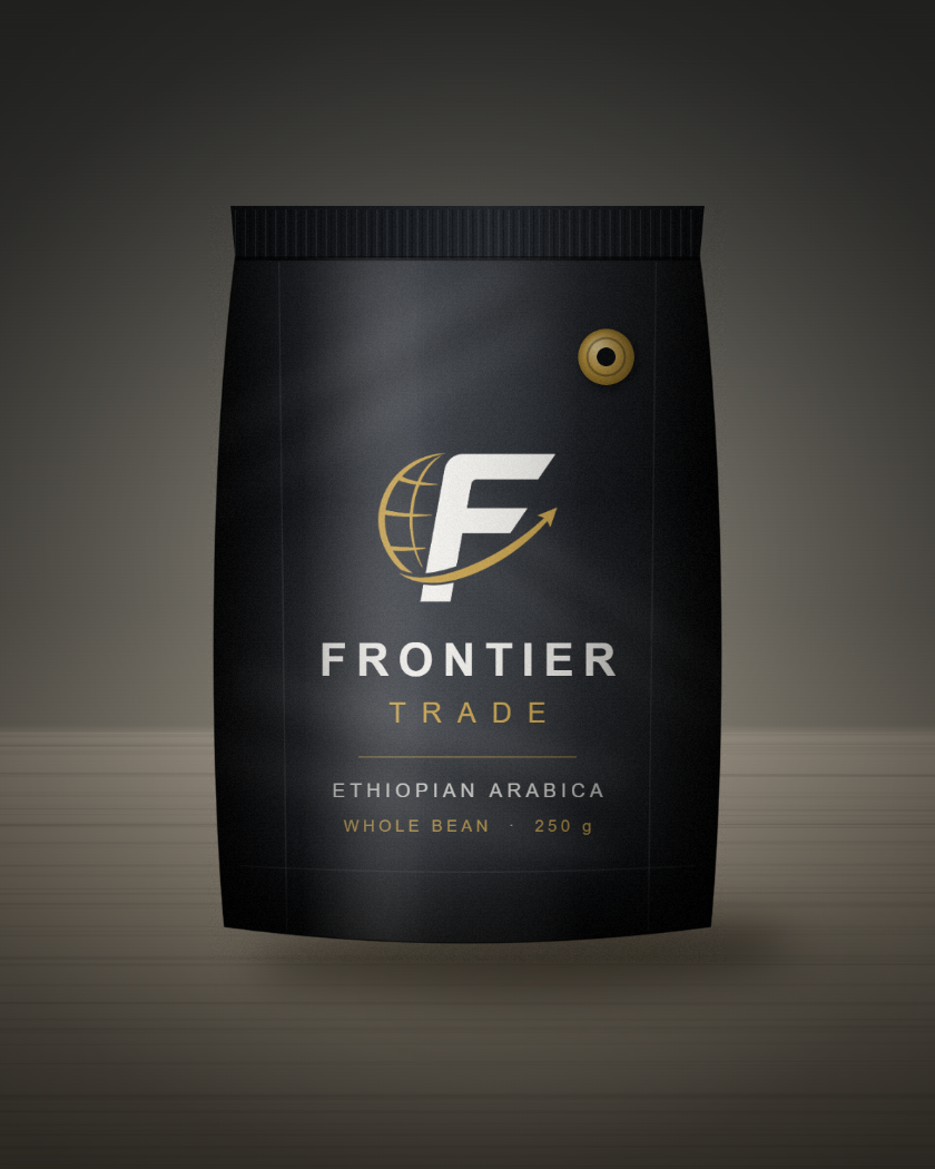 Frontier Trade coffee pack, front view with degassing valve